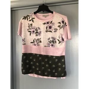 Absolutely Famous pink gray floral top Size S short Sleeves high low hem
